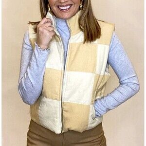 LE LIS Cream Puffer Vest Corduroy Checkered Zipper NEW